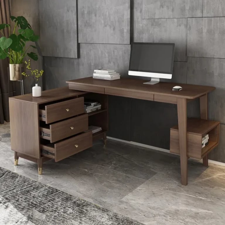 Picture of Ultic – L-Shaped Natural Wood Home Desk with Drawers & Shelf
