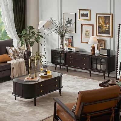 صورة طاولة تلفزيون جليم – خشب طبيعي بسطح زجاجي وأدراج ورفوف