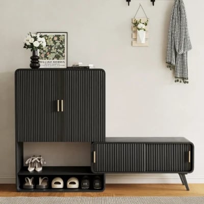 Lunaro – Modular Shoe Cabinet with Sliding Bench | Natural Wood