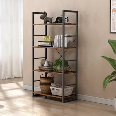 Landrin – Open Bookcase with Natural Wood Shelves & Metal Frame