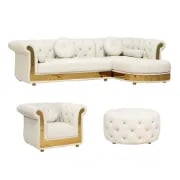 Valencia – Tufted Sectional Sofa made of Natural Wood with Gold Stainless-Steel Touch, featuring Armchair & Chaise Lounge