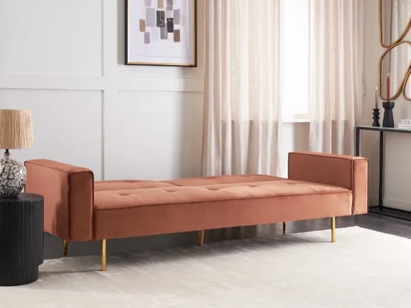 Soleil Velours Convertible Sofa Bed from natural wood – Velvet Upholstery with Golden Legs.