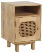 Zoya –Natural Wood Rattan Bedside Cabinet with Door & Open Shelf