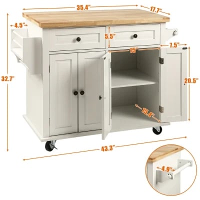 Ash Rolling Kitchen Island with Solid Wood Top