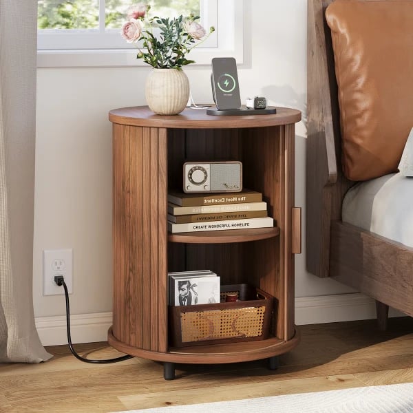 Luna – Round Side Table with Storage – Natural Wood