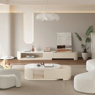 Levanto Set – Extendable TV Unit and Coffee Table with Marble-Effect Top