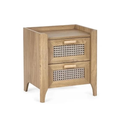 Alara – Natural Wood & Rattan 2-Drawer Bedside Table