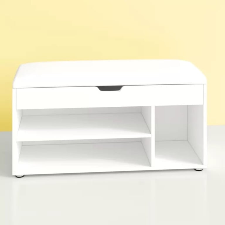 صورة خزانة أحذية خشب طبيعي بمقعد - أبيض
