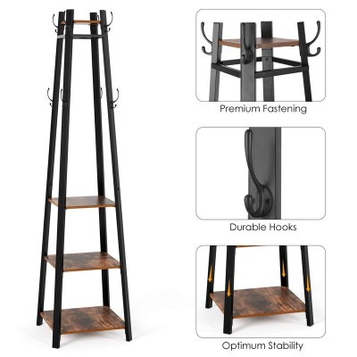 Coat Rack With 8 Dual Hooks And 4-Tier Storage Shelves