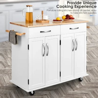 Wide Rolling Kitchen Island with Solid Wood Top