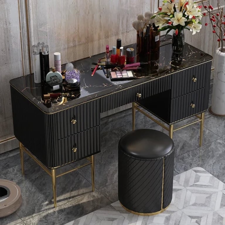 Vanity Dressing Table – Marble-Effect Top with Gold Legs