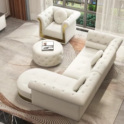 Valencia – Tufted Sectional Sofa made of Natural Wood with Gold Stainless-Steel Touch, featuring Armchair & Chaise Lounge