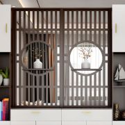 Élévé Display Divider Cabinet – Natural Wood with Decorative Panel.