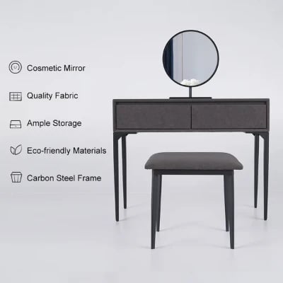Enigma Vanity with Round Mirror and Elegant Chair – Natural Wood