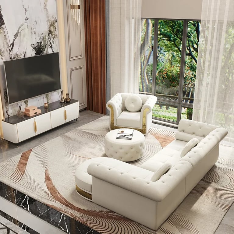 Valencia – Tufted Sectional Sofa made of Natural Wood with Gold Stainless-Steel Touch, featuring Armchair & Chaise Lounge