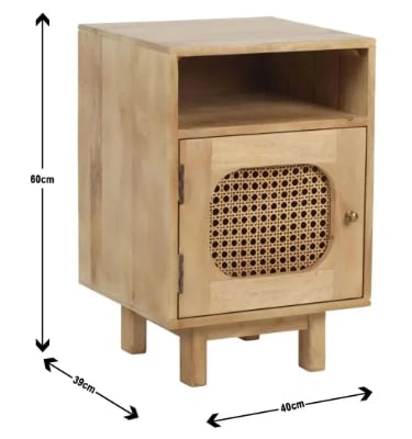 Zoya –Natural Wood Rattan Bedside Cabinet with Door & Open Shelf