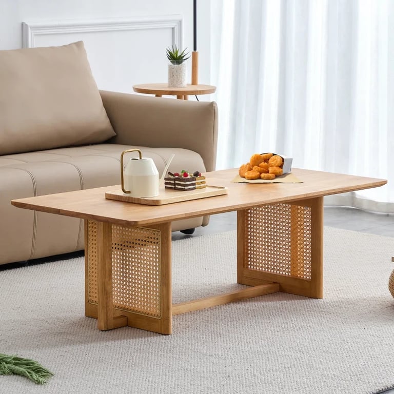 Éloria Natural Wood Coffee Table – With Rattan Base
