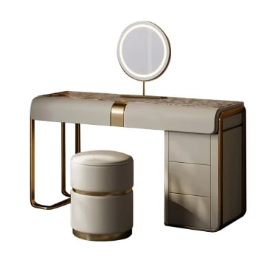 Amoura Vanity Set – Natural Wood with Matching Pouf, LED Mirror & Marble-Look Top