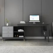 صورة أولتيك – مكتب منزلي خشب طبيعي بشكل حرف ال مع أدراج ورف