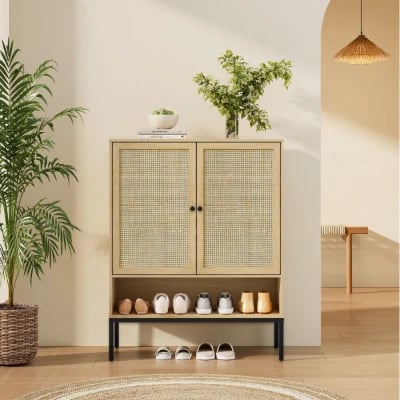 Marisse – Natural Wood Shoe Cabinet with Rattan Doors