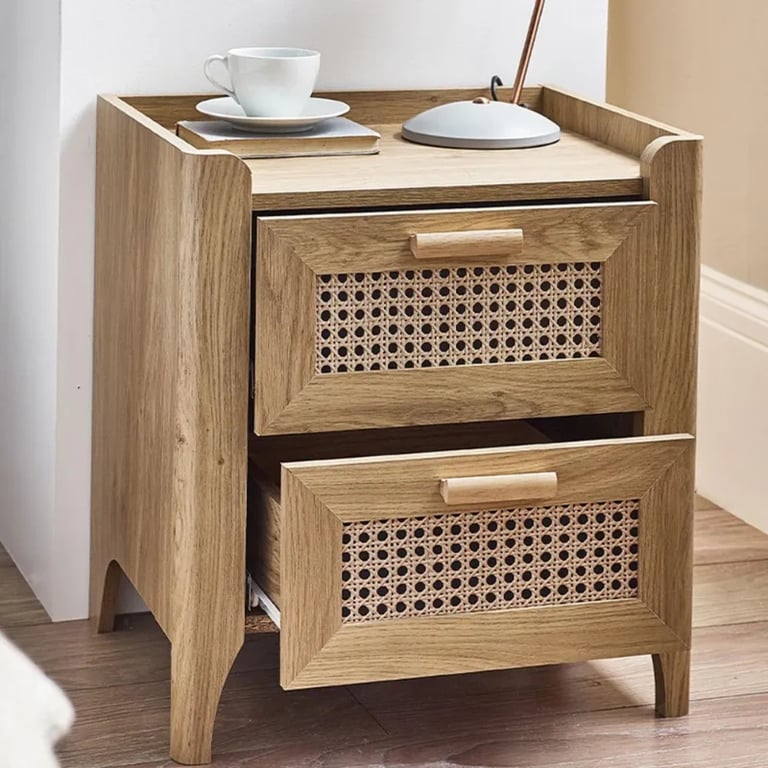 Alara – Natural Wood & Rattan 2-Drawer Bedside Table