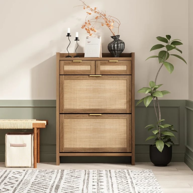 Rivanne - Natural Wood Shoe Cabinet with Rattan Front