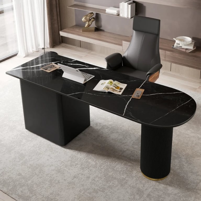 Zavello – Natural Wood Executive Desk with Marble-Look Surface & Gold Accent