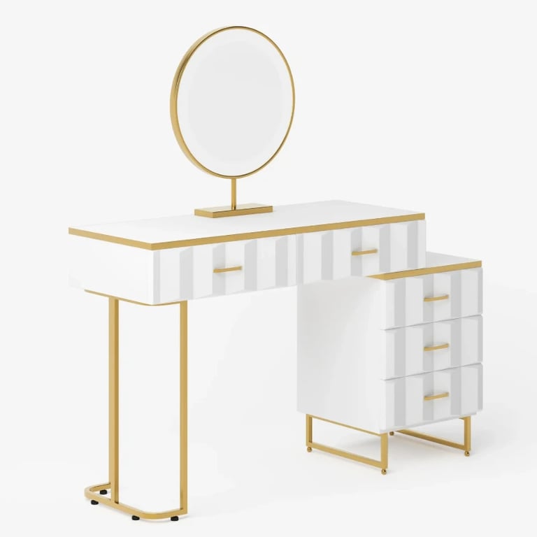 Valencia Vanity Set – Natural Wood with LED Mirror & Pouf Featuring Gold Stainless-Steel Details