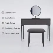 Enigma Vanity with Round Mirror and Elegant Chair – Natural Wood