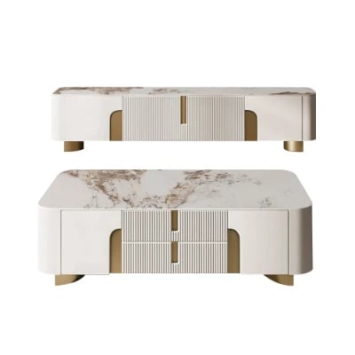 Élivane – Coffee Table & TV Unit Set with Marble and Gold Accents
