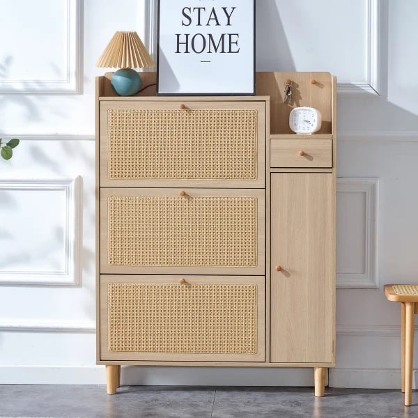Ravelle - Natural Wood Shoe Cabinet with Rattan Front