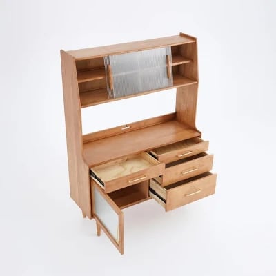 Prosy Kitchen Cabinet – Natural Wood with Glass Doors and Gold Handles