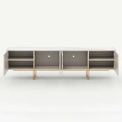 Élory - Natural Wood TV Stand with Stainless Steel Legs & Marble-Look Top