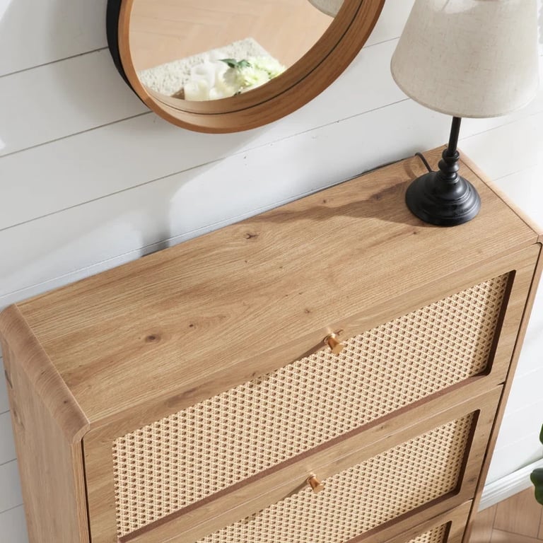 Soline – Natural Wood & Rattan Shoe Cabinet
