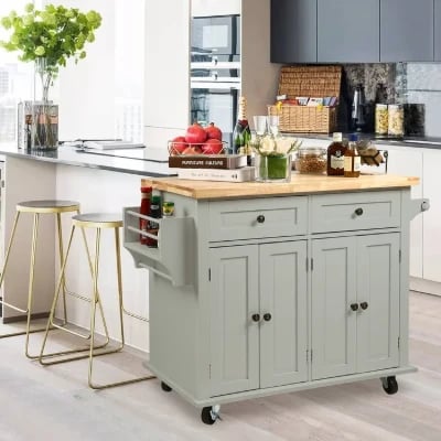Ash Rolling Kitchen Island with Solid Wood Top