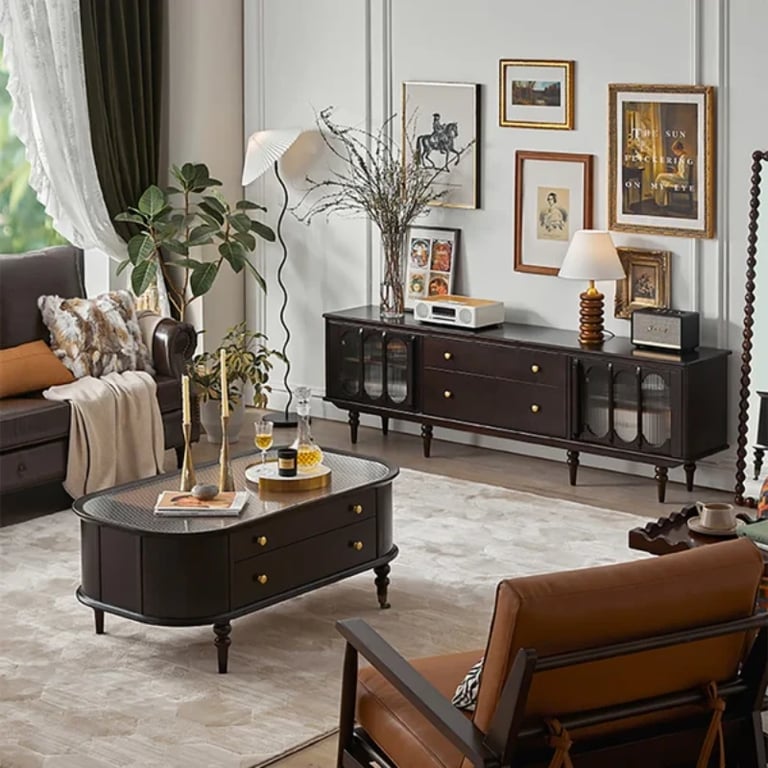 صورة طاولة تلفزيون جليم – خشب طبيعي بسطح زجاجي وأدراج ورفوف