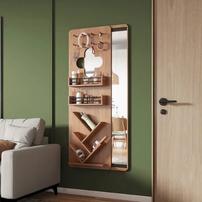 Rustic Full Length Large Wall Mirror with Makeup & Jewelry & Shelf Storage Natural Wood