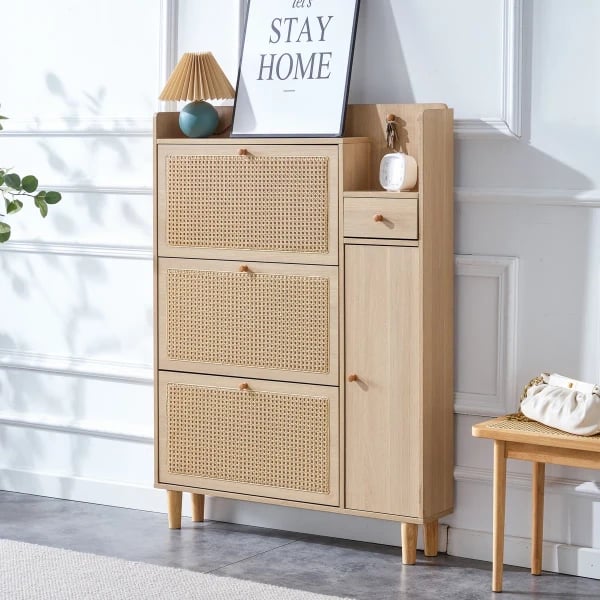 Ravelle - Natural Wood Shoe Cabinet with Rattan Front