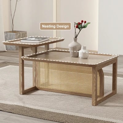 صورة طاولة القهوة كانورا من الراتان وخشب طبيعي – لمسة بوهيمية بسيطة