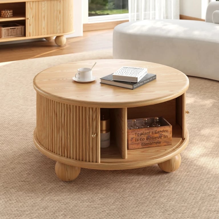 Aureo Round Storage Coffee Table with Sliding Doors – Natural Wood