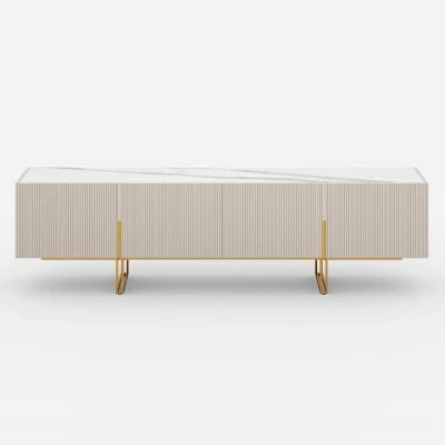 Élory - Natural Wood TV Stand with Stainless Steel Legs & Marble-Look Top