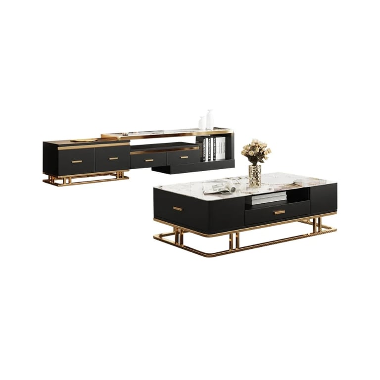 Nocturne – TV Unit and Coffee Table Set in Natural Wood with Gold Stainless Steel Accents and Marble-Look Top