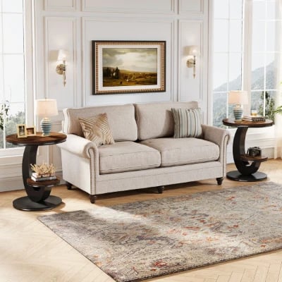 Cairo Side Table with Curved Design & Lower Shelf – Natural Wood