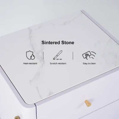 Haki Nightstand – Natural Wood Frame with Faux Marble Top and Dual Drawers