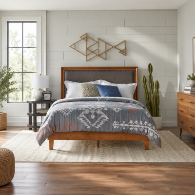 Picture of Norelle Natural Wood Upholstered Bed – Nailhead Trim Design