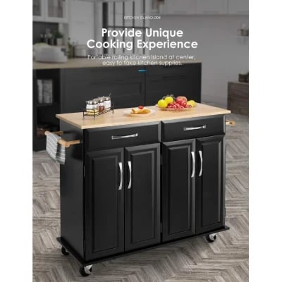 Wide Rolling Kitchen Island with Solid Wood Top