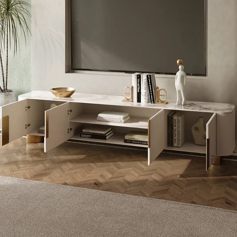 صورة ڤيلورو – وحدة تلفزيون بخشب طبيعي مخطط مع لمسات ذهبية وأناقة الرخام