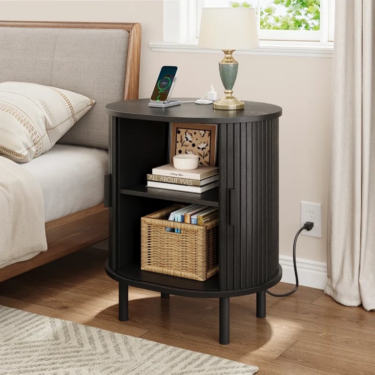 Lumin – Round Side Table with Storage & Charging – Natural Wood