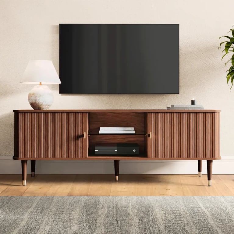Modern TV Unit with Slatted Front – Natural Wood