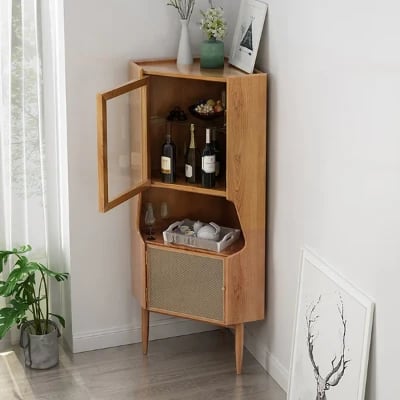 Hutch Natural Corner Cabinet 2-Door with Rattan